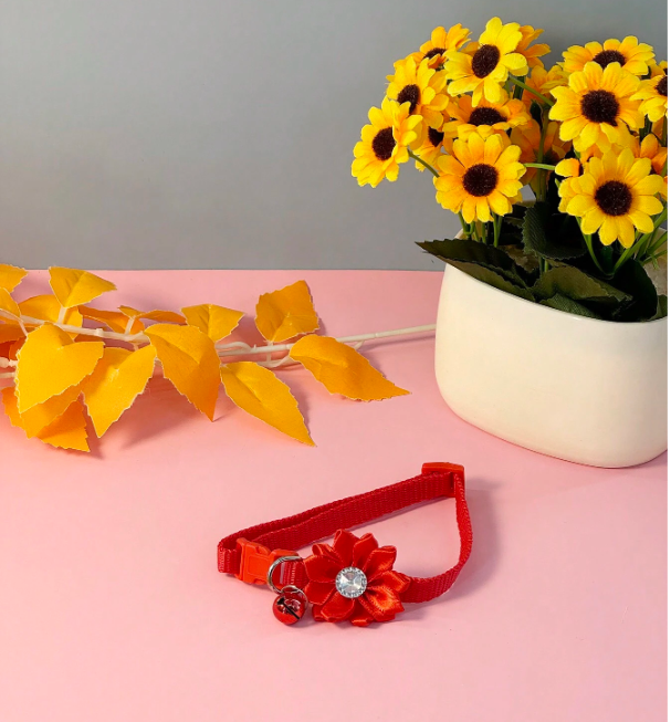 Cat Collar With Bell & Petal Decorations- Red
