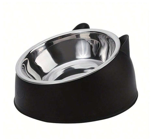 2-In-1 Elevated Stainless Steel Cat Bowl with Cute Ear Stand, Black