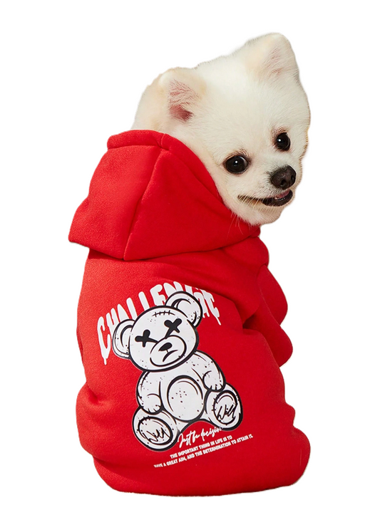 Red Bear Print Pet Hoodie, One Piece